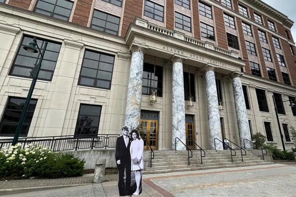 The Chilcutts' wedding photo was placed in front of the Alaska State Capitol 